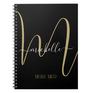 elegant black gold monogram initial business name notebook