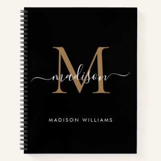 Elegant Black Gold Monogram Initial Script Name Notebook