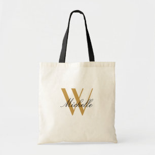 Elegant Black Gold Monogram Initial Script Name Tote Bag