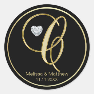 Elegant Black Gold Monogram Letter C Heart Diamond Classic Round Sticker