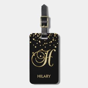 Elegant Black Gold Monogram Letter 'H' with Name Luggage Tag