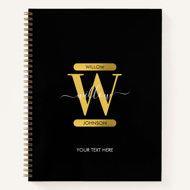 Elegant Black & Gold Monogram Modern  Notebook (Front)