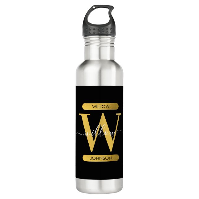 Elegant Black & Gold Monogram Modern Script 710 Ml Water Bottle (Front)