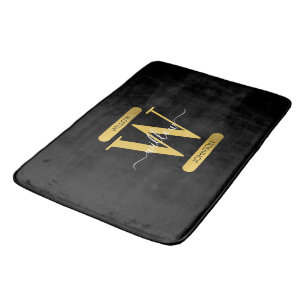 Elegant Black & Gold Monogram Modern Script Bath Mat
