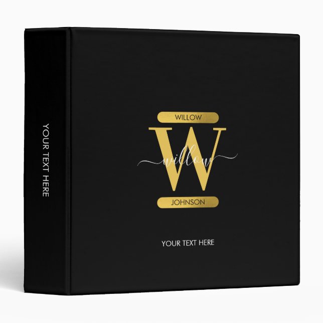 Elegant Black & Gold Monogram Modern Script Binder (Front/Spine)