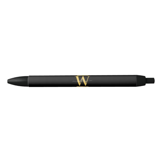 Elegant Black & Gold Monogram Modern Script Black Ink Pen (Front)