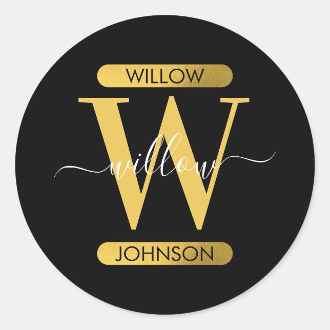 Elegant Black & Gold Monogram Modern Script  Classic Round Sticker (Front)
