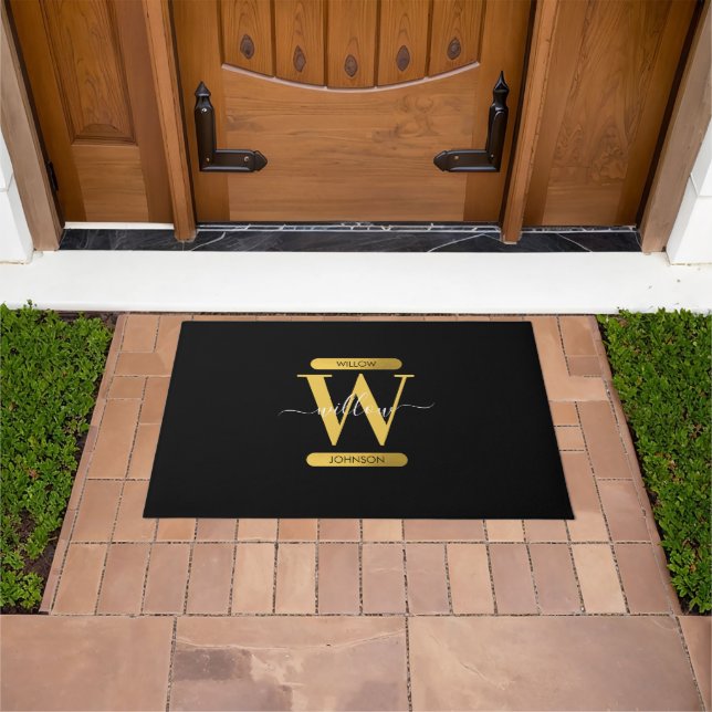 Elegant Black & Gold Monogram Modern Script  Doormat (Outdoor)