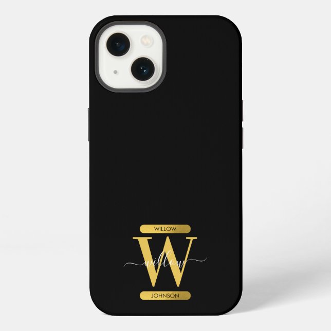 Elegant Black & Gold Monogram Modern Script  iPhone Case (Back)