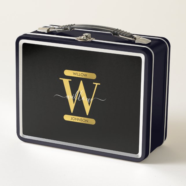 Elegant Black & Gold Monogram Modern Script  Metal Lunch Box (Front)