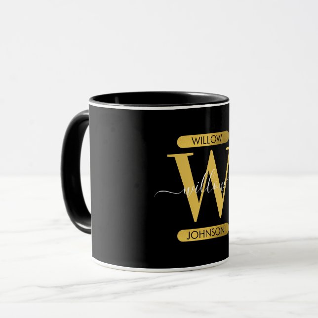 Elegant Black & Gold Monogram Modern Script  Mug (Front Left)