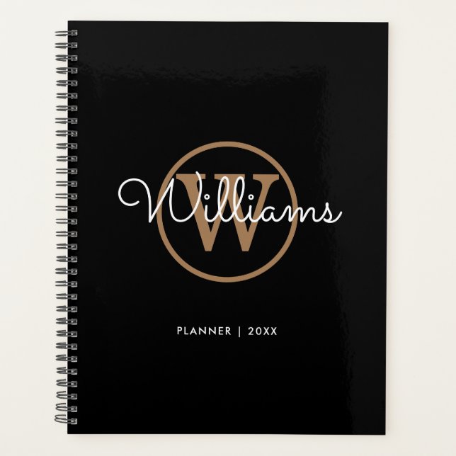 Elegant Black Gold Monogram Name 2021 Planner (Front)