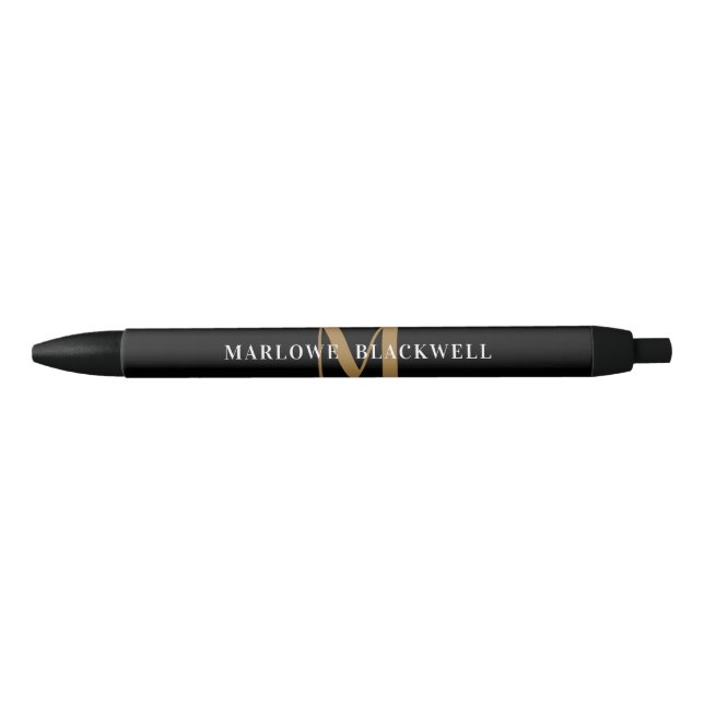 Elegant Black Gold Monogram Name Black Ink Pen (Front)