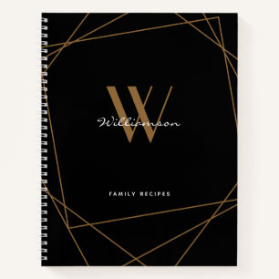Elegant Black Gold Monogram Name Family Recipe Notebook
