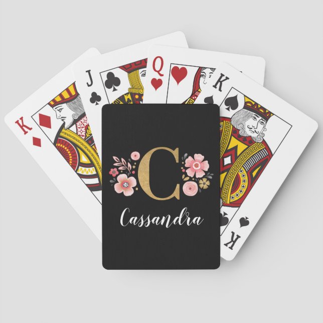 Elegant Black Gold Monogram Name Playing Cards (Back)