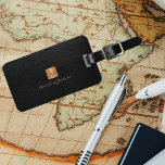 Elegant black gold monogram name script custom luggage tag<br><div class="desc">Luxury monogrammed luggage tag with a black leather look background and a faux gold copper metallic brushed square with elegant script signature name and monogram initials. Easy to personalize creating your own logo with your business or personal initials and name. Could be an elegant personalized business corporate travel branded accessory....</div>