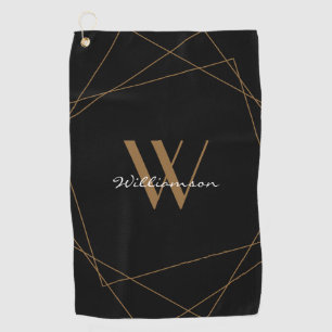 Elegant Black Gold Monogram Name Script Golf Towel