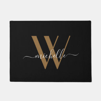 Elegant Black Gold Monogram Name Script Initial Doormat