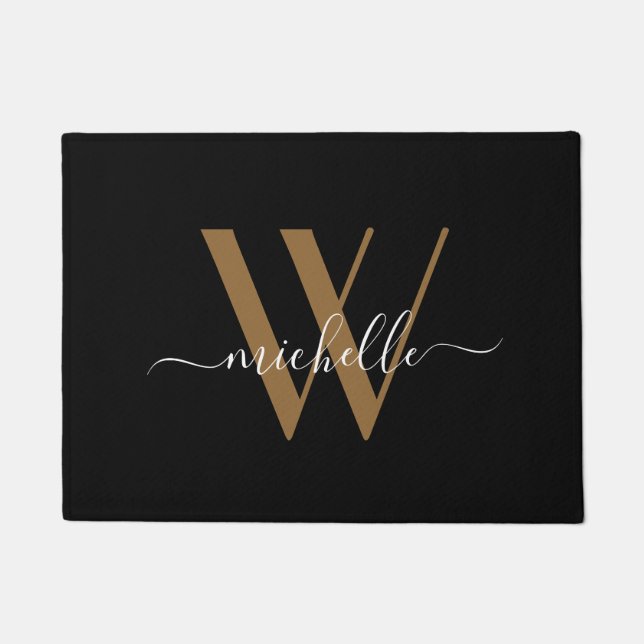 Elegant Black Gold Monogram Name Script Initial Doormat (Front)