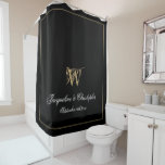 Elegant Black Gold Monogram Names Newlywed Wedding<br><div class="desc">Elegant Black Gold Monogram Names Newlywed Wedding Shower Curtain. Personalized black, white and gold monogrammed Shower Curtain. Elegant classic script for the initial, the names of the bride and groom and the wedding date on a solid black background. Perfect gift for newly weds, or beautiful for your own bathroom. Click...</div>