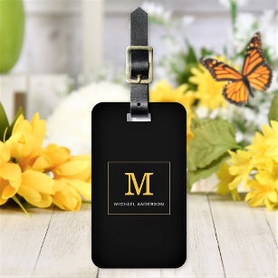 Elegant Black Gold Monogram Personalized Luggage Tag
