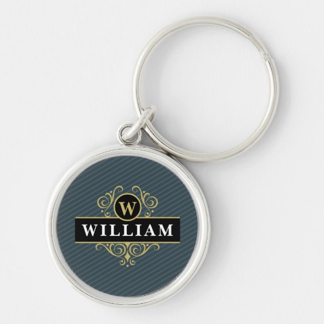 Elegant Black Gold Monogram Pinstripe Keychain (Front)