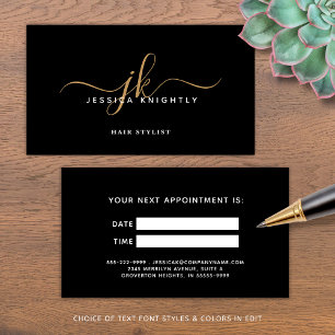 Elegant Black Gold Monogram Script Appointment Card