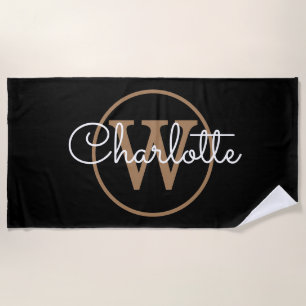 Elegant Black Gold Monogram Script Beach Towel