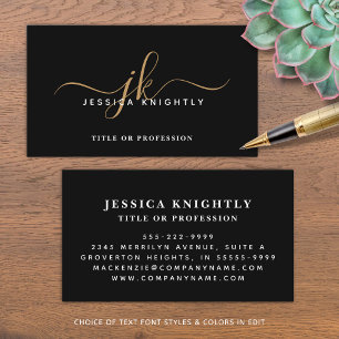 Elegant Black Gold Monogram Script Initials Business Card
