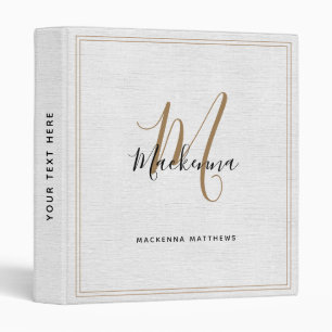 Elegant Black Gold Monogram Script Linen Office Binder
