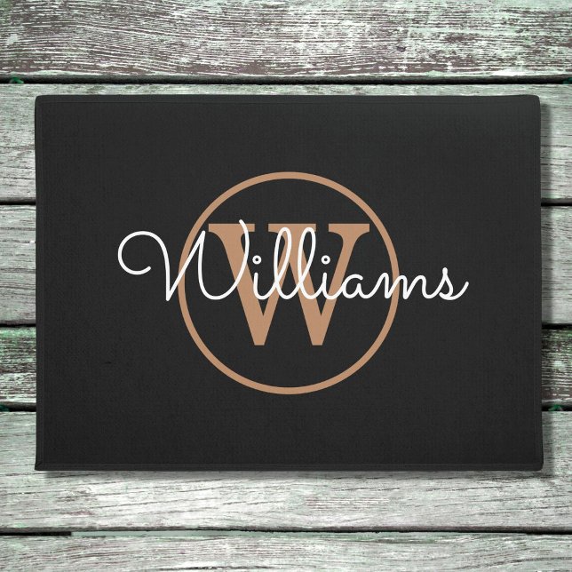 Elegant Black Gold Monogram Script Name Doormat (Creator Uploaded)
