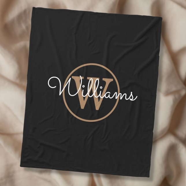 Elegant Black Gold Monogram Script Name Fleece Blanket (Creator Uploaded)