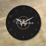 Elegant Black Gold Monogram Script Name Large Clock<br><div class="desc">Classic black and gold monogram wall clock. You can personalize the name,  monogram and customize the font and colours to create your own unique design. Designed by Thisisnotme©</div>