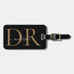 Elegant Black Gold Monogram Script Name Stylish Luggage Tag