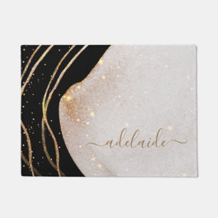 Elegant Black Gold Monogram Script Name Welcome Doormat