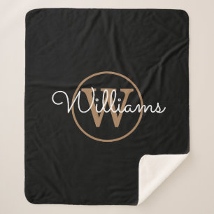 Elegant Black Gold Monogram Script Sherpa Blanket