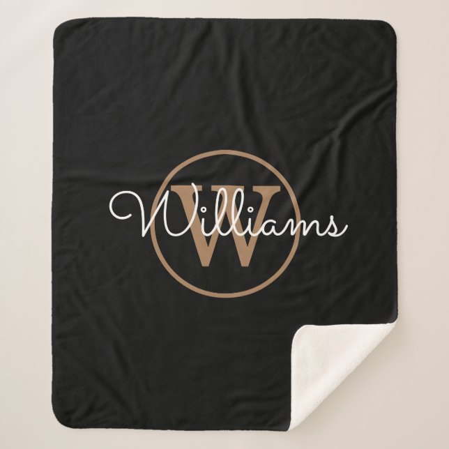 Elegant Black Gold Monogram Script Sherpa Blanket (Front)