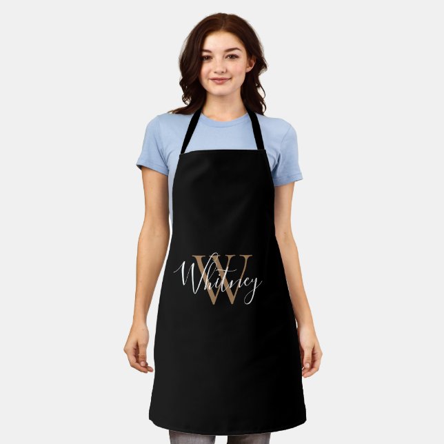 Elegant Black Gold Monogram Script Stylish Name Apron (Worn)