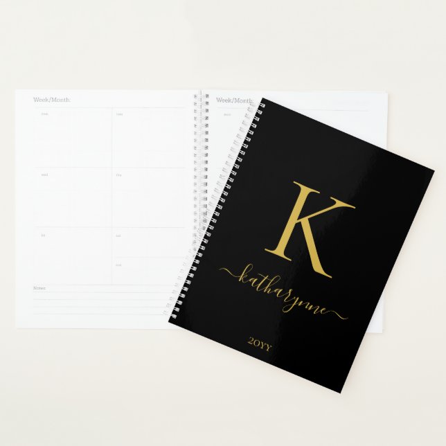 Elegant Black Gold Monogram Script Typography Planner (Display)