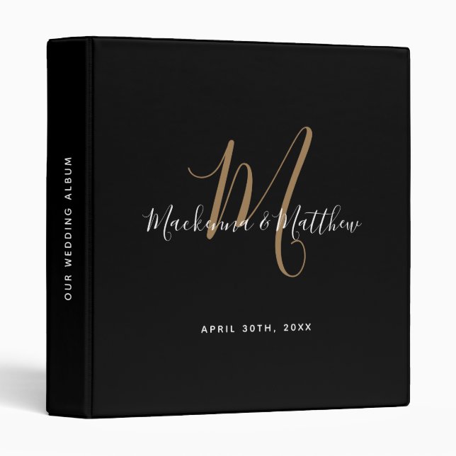 Elegant Black Gold Monogram Script Wedding Album Binder (Front/Spine)