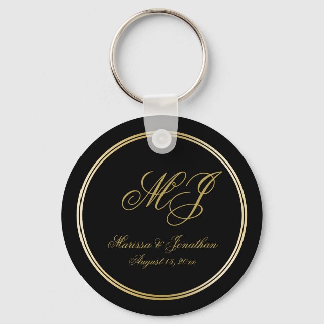 Elegant Black Gold Monogram Script Wedding Keychain (Front)