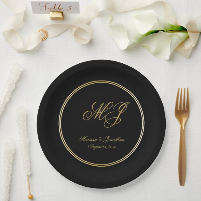 Elegant Black Gold Monogram Script Wedding Paper Plate (Wedding)
