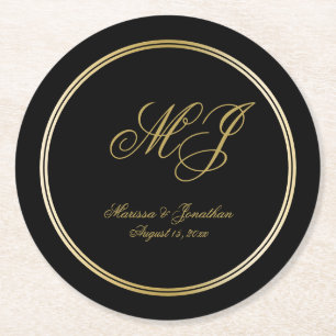 Elegant Black Gold Monogram Script Wedding Round Paper Coaster