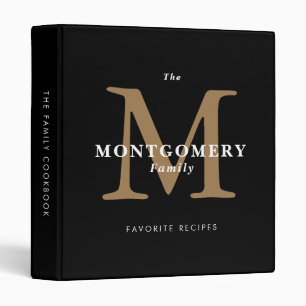 Elegant Black Gold Monogram Simple Family Cookbook Binder