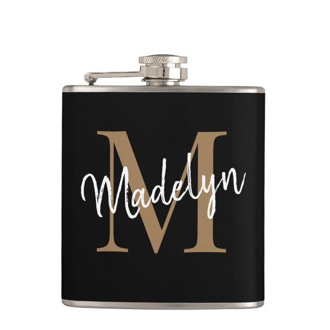 Elegant Black Gold Monogram Stylish Script Name Hip Flask (Front)