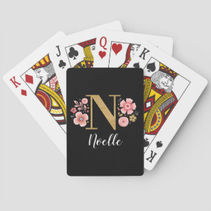 Elegant Black Gold Monogram Stylish Script Playing Cards