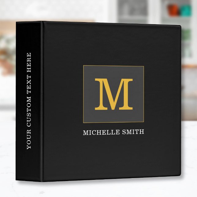 Elegant Black Gold Monogram Text Personalized Binder (Creator Uploaded)