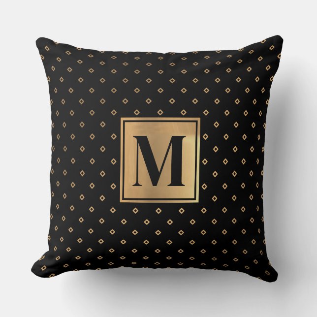 Elegant Black Gold Monogram Throw Pillow (Front)