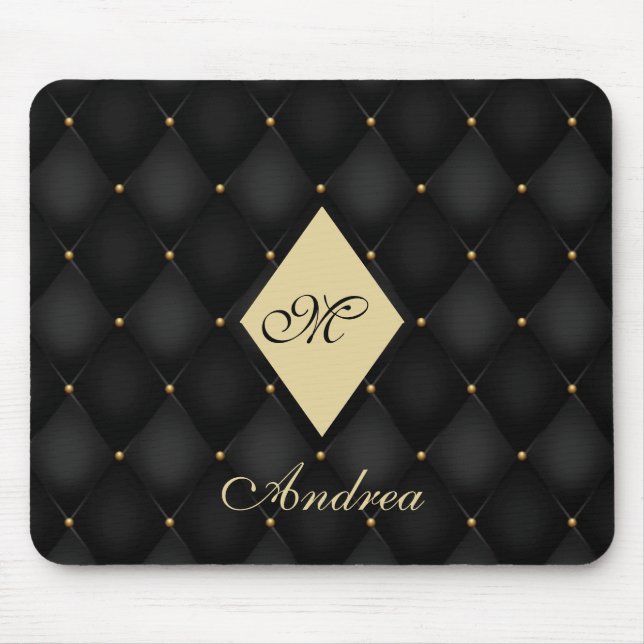 Elegant Black Gold Monogram Tufted Mouse Pad (Front)