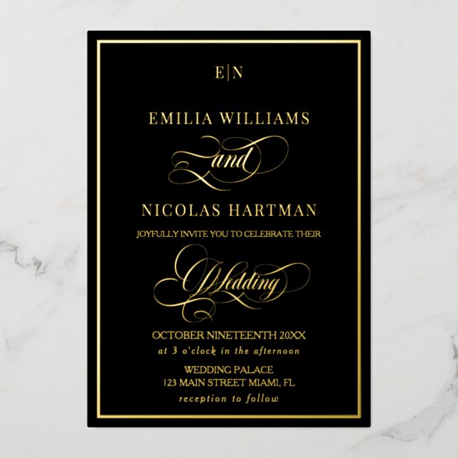 Elegant Black & Gold Monogram Wedding (Front)